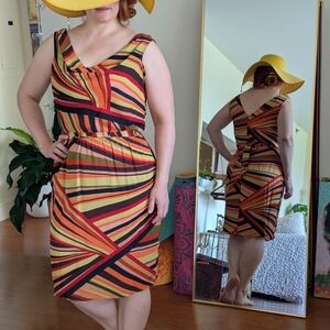 100% Silk Kate Hill Asymmetrical Dress in Red, Orange, and Black